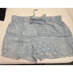 Tahari Women’s Fray Hem Drawstring Shorts Size Small Light Blue Ivory Bandana